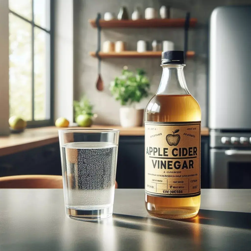 a bottle of apple cider vinegar and a glass of water next to it on a table in a modern kitchen